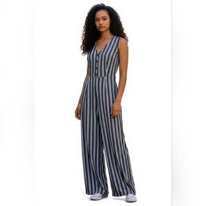 Who What Wear Womens Gray  & White Striped Jumpsuit SZ LG Linen Blend Lagenlook